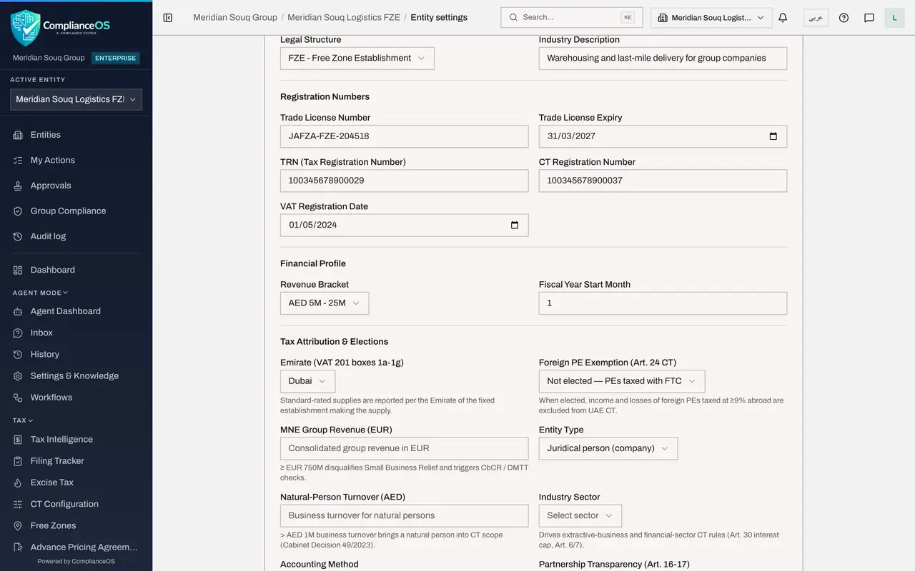 The screen at step 7: Choose the emirate for tax returns