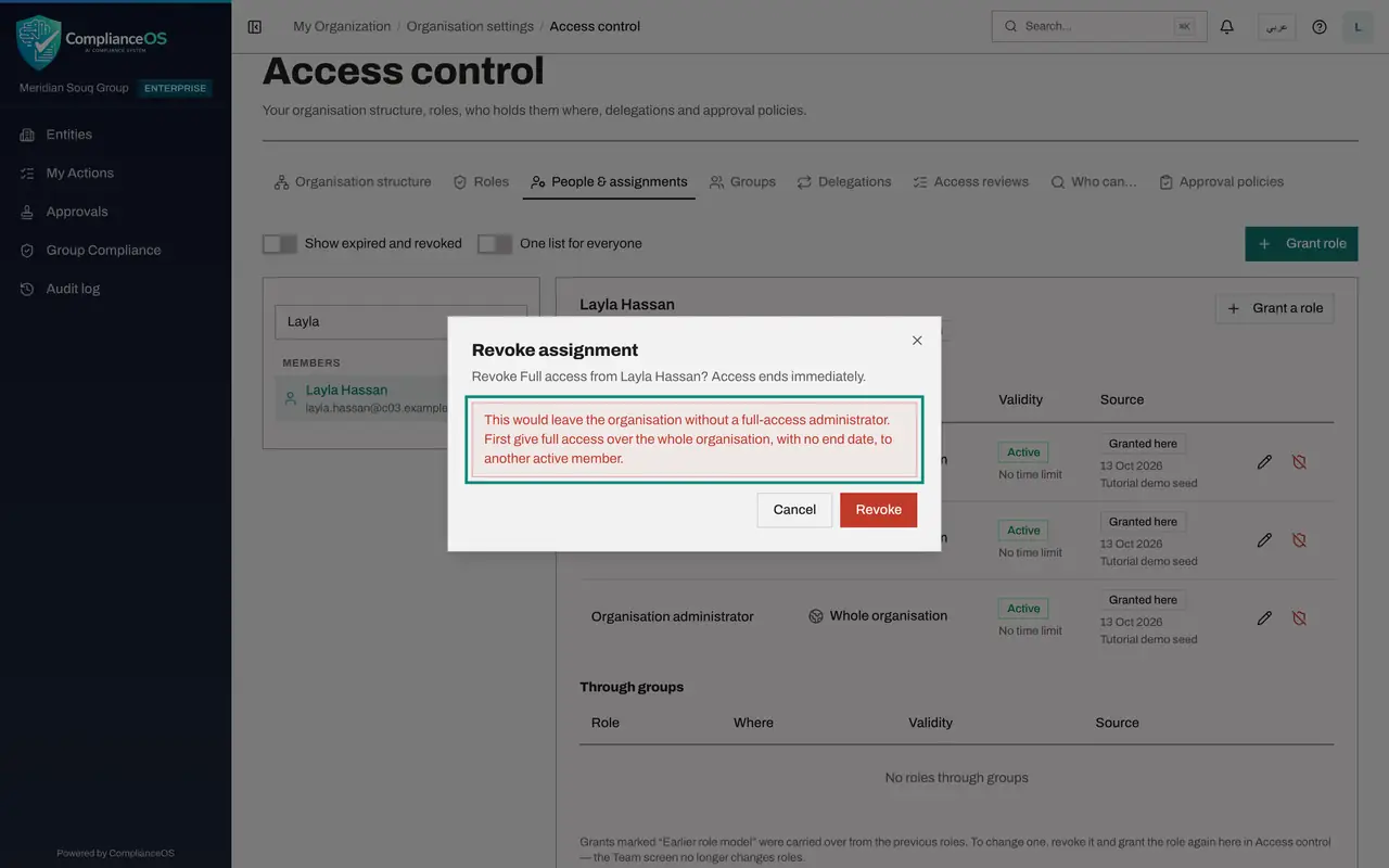 The screen at step 4: Try to revoke your own Full access