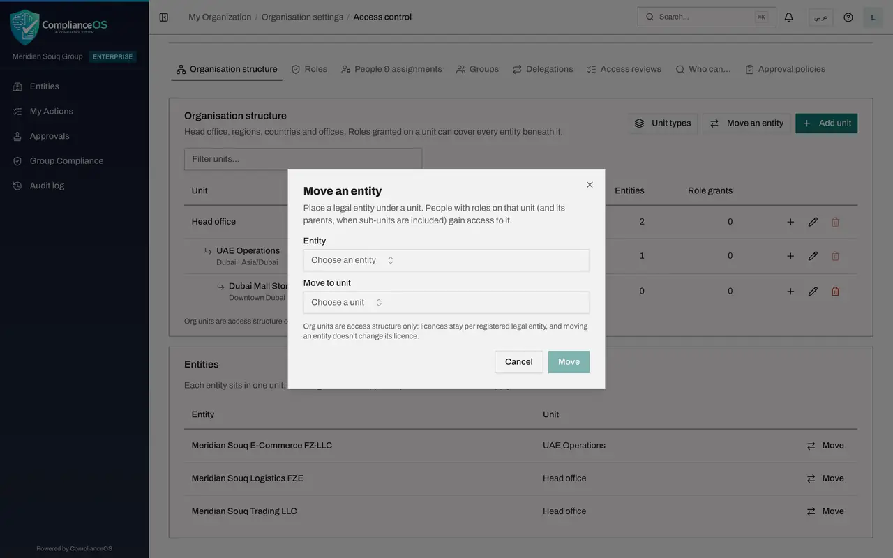 The screen at step 5: Select Move an entity at the top