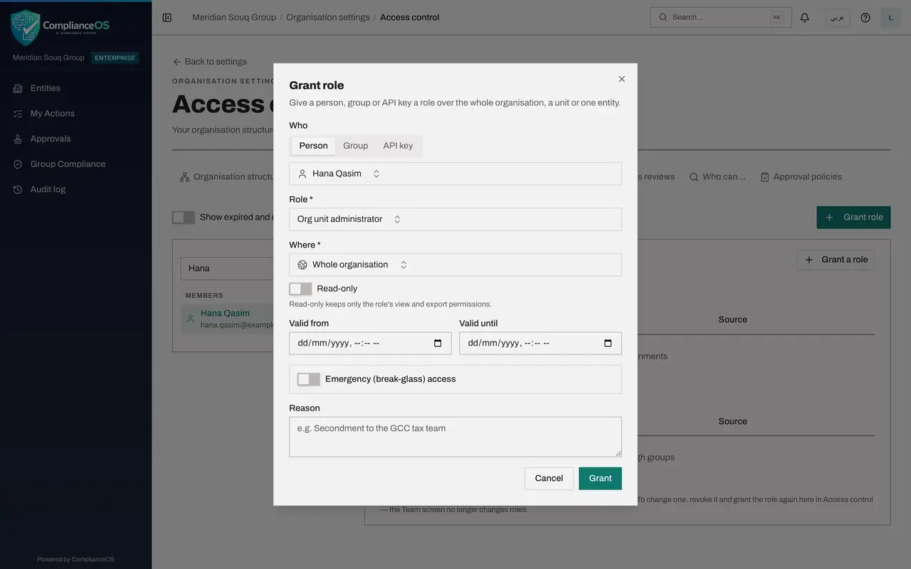 The screen at step 4: Select Grant a role and choose the role