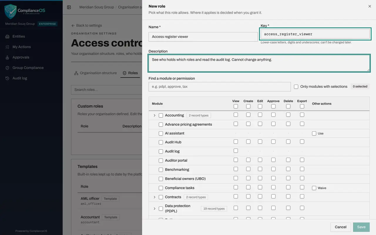 The screen at step 7: Name and describe the role