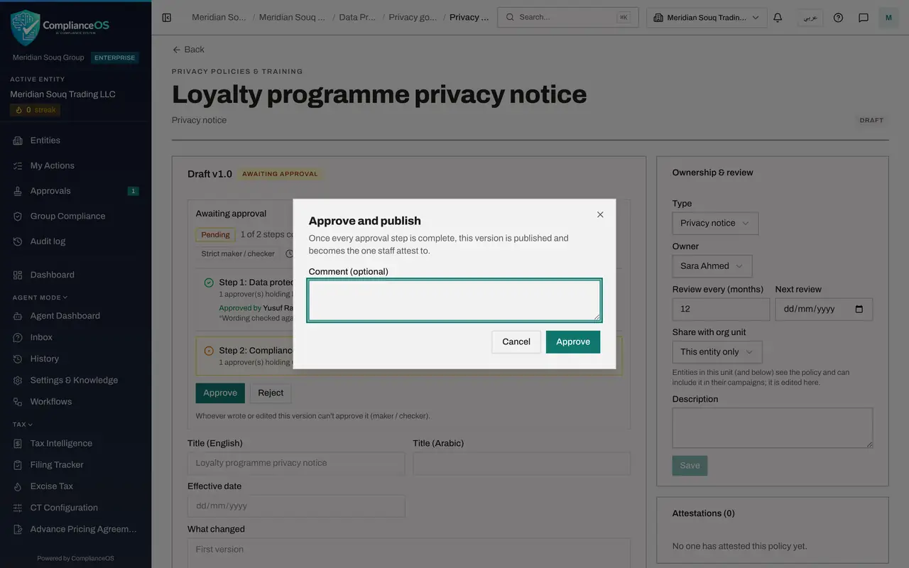 The screen at step 4: Read the notice, then select Approve