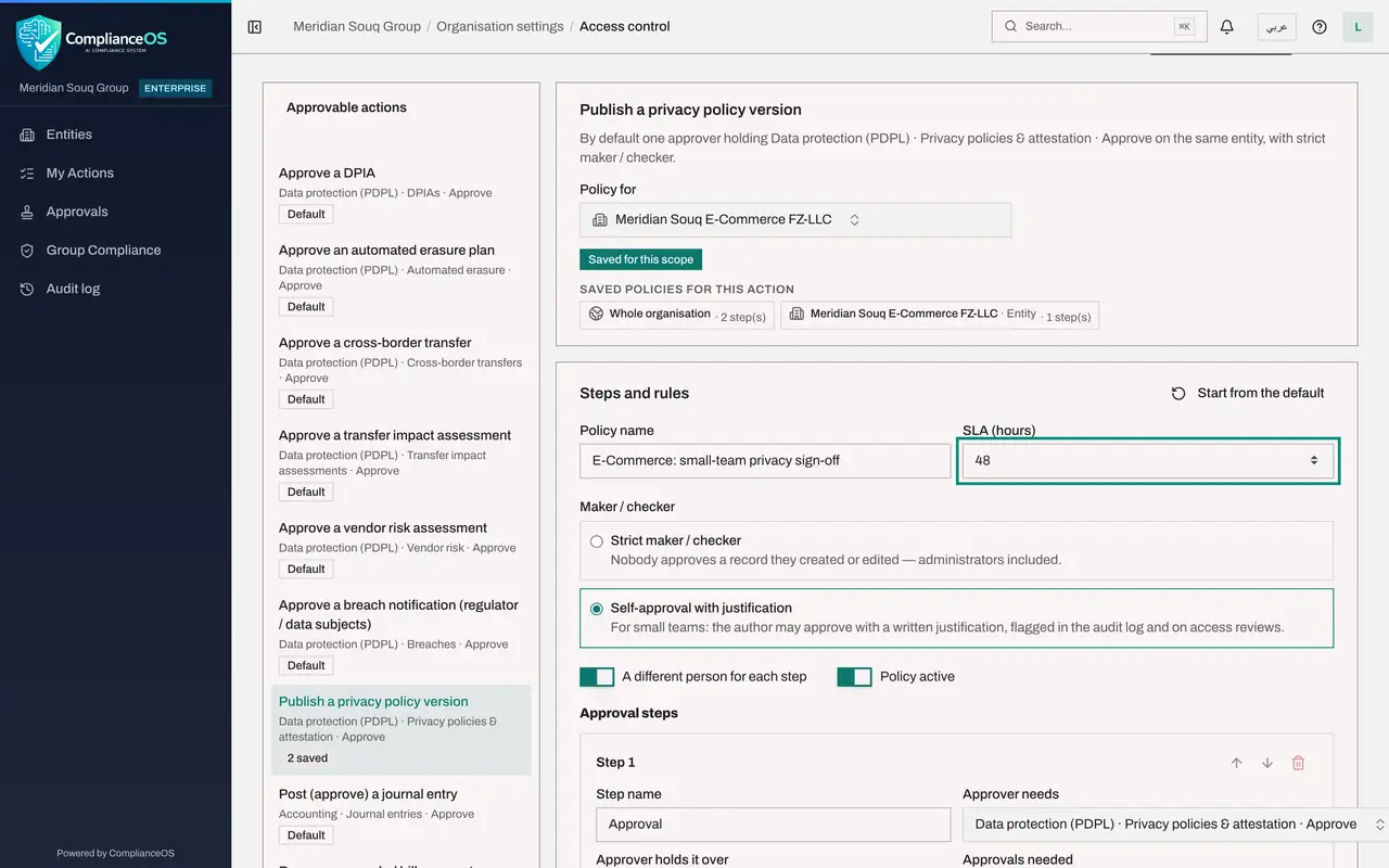 The screen at step 3: Change a setting and select Save policy