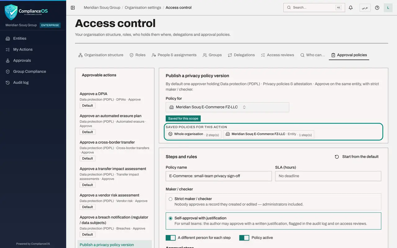 The screen at step 6: Check the place, then select Save policy