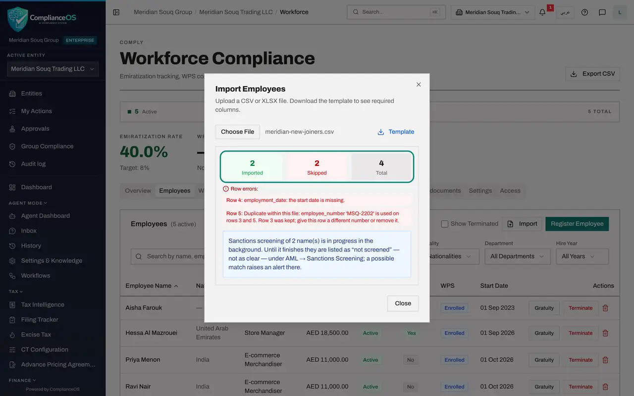 The screen at step 5: Select Import and read the totals