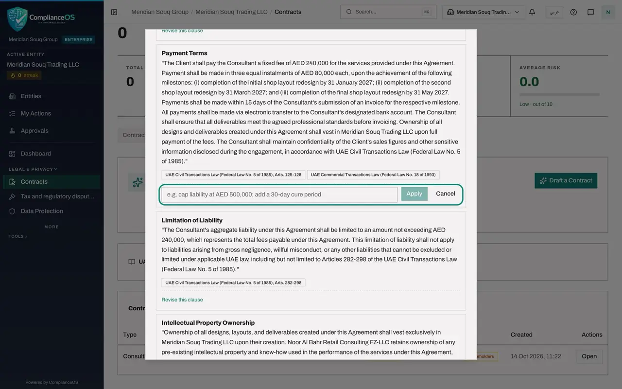 The screen at step 4: Select Revise this clause