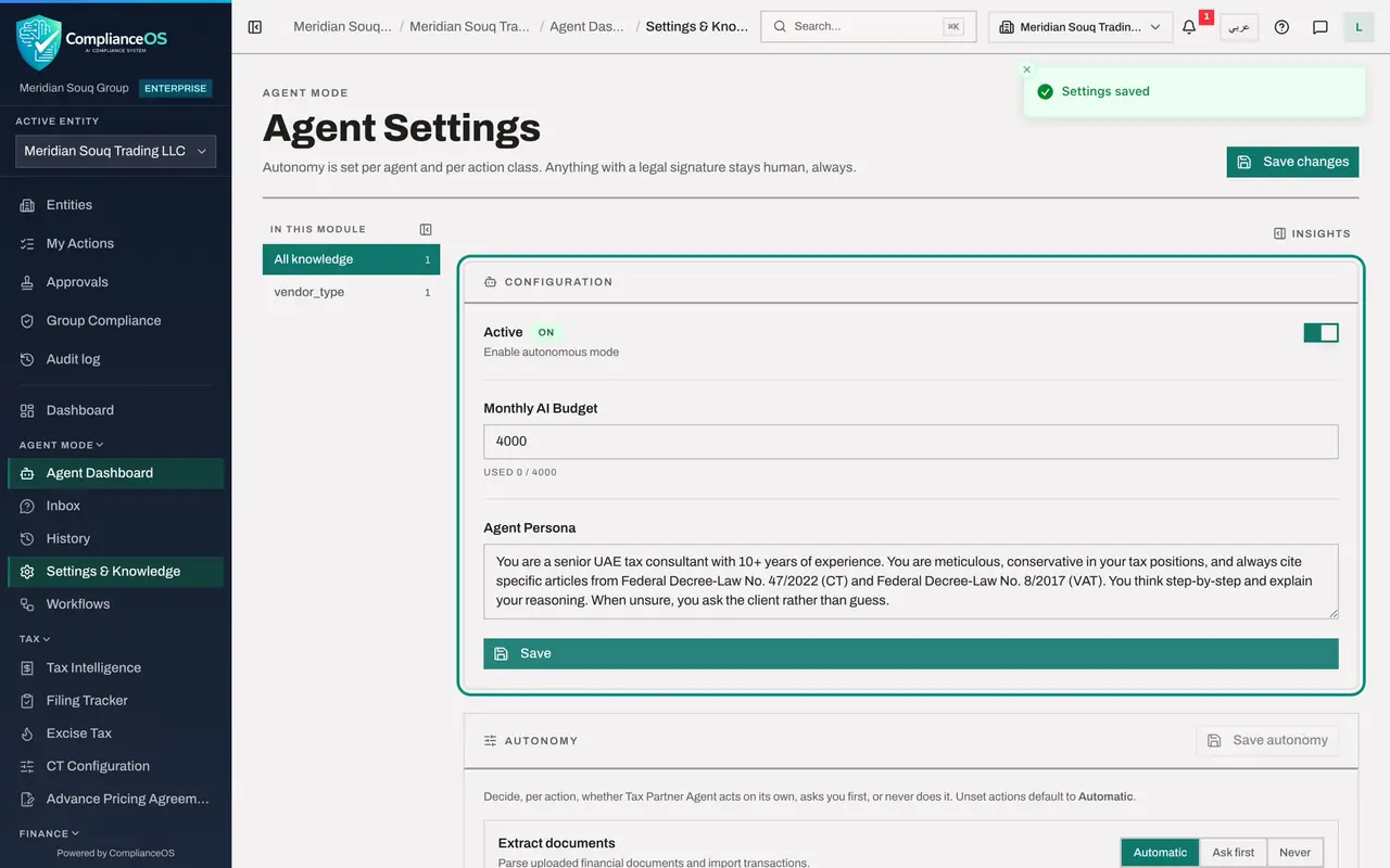 The screen at step 5: Switch the agent on again and save