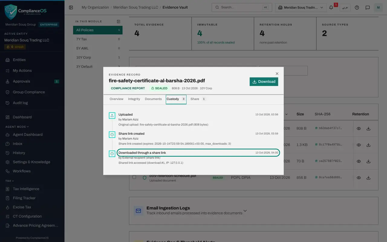 The screen at step 7: Read the download in the Custody tab