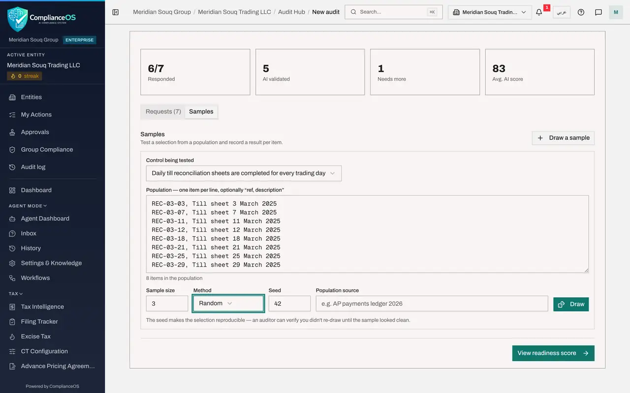 The screen at step 5: Set the sample size and the method