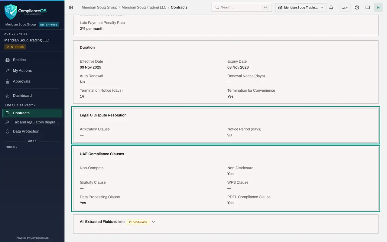 The screen at step 6: Check the legal and UAE clause panels
