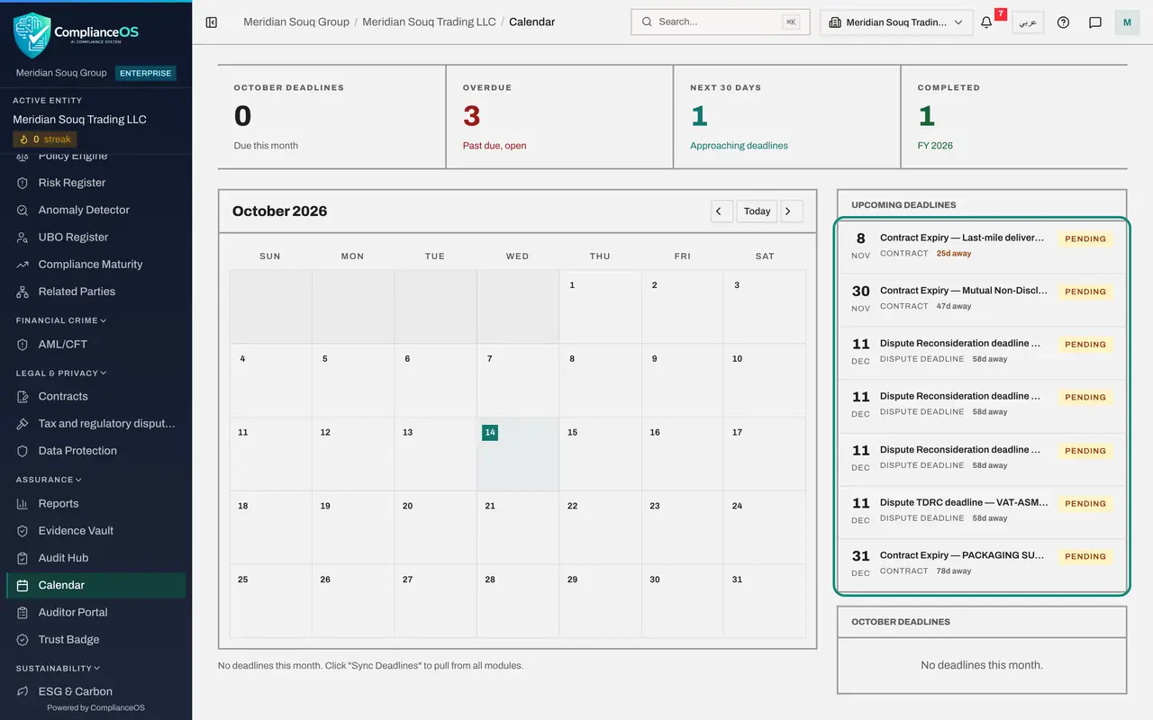 The screen at step 4: Open the Compliance Calendar