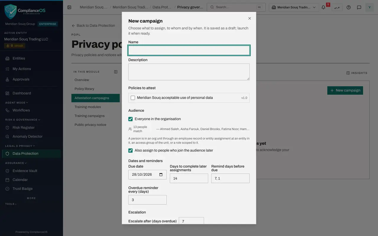 The screen at step 5: Open Attestation campaigns and select New campaign