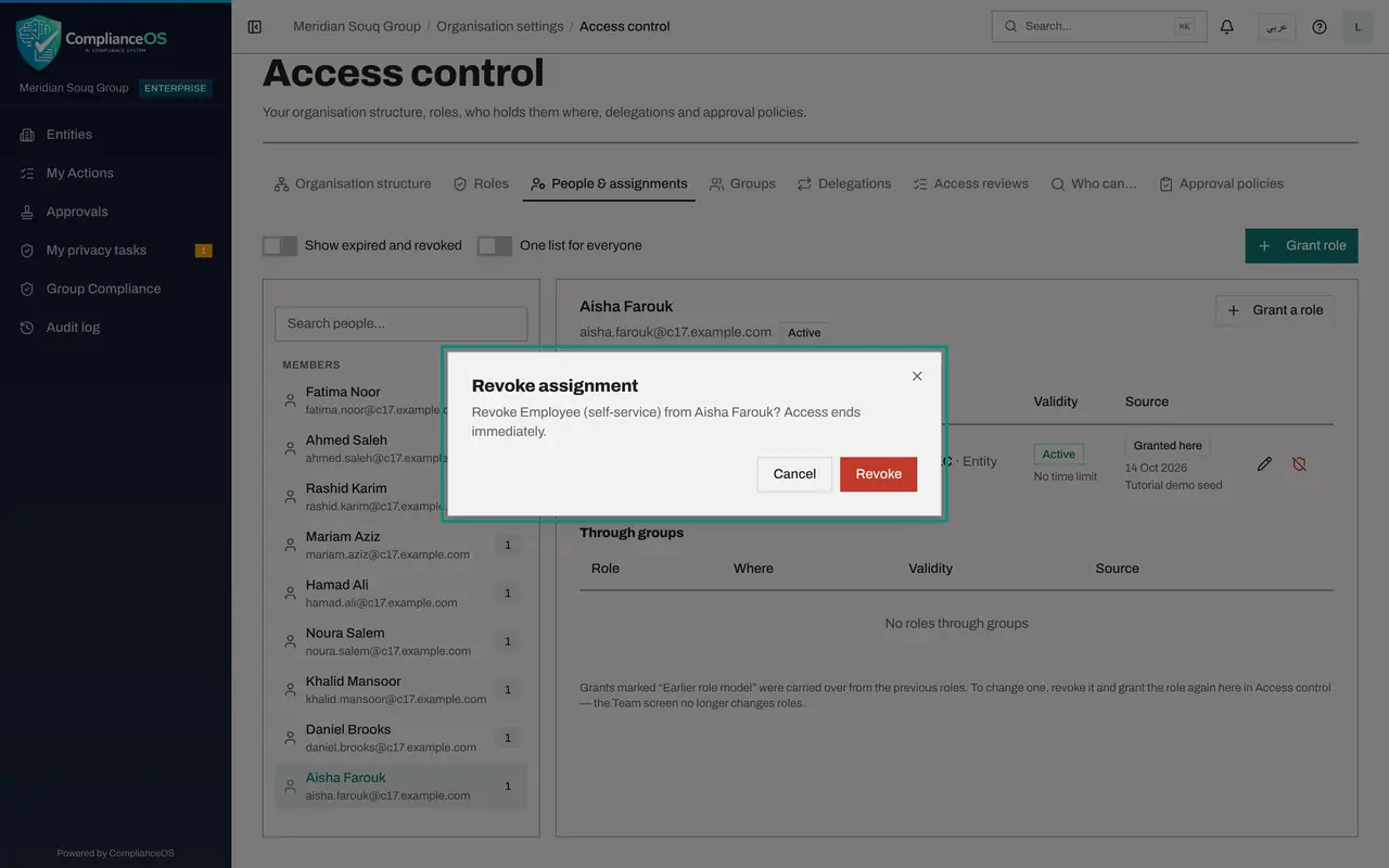 The screen at step 3: Select Revoke on the role