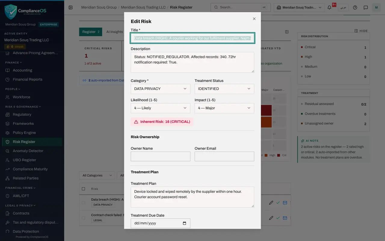 The screen at step 5: Select the pencil to edit the risk