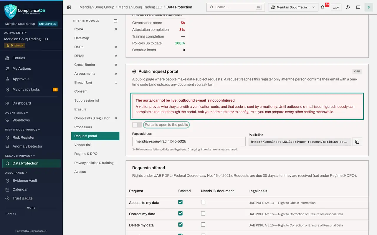 The screen at step 2: Read why the portal cannot be live