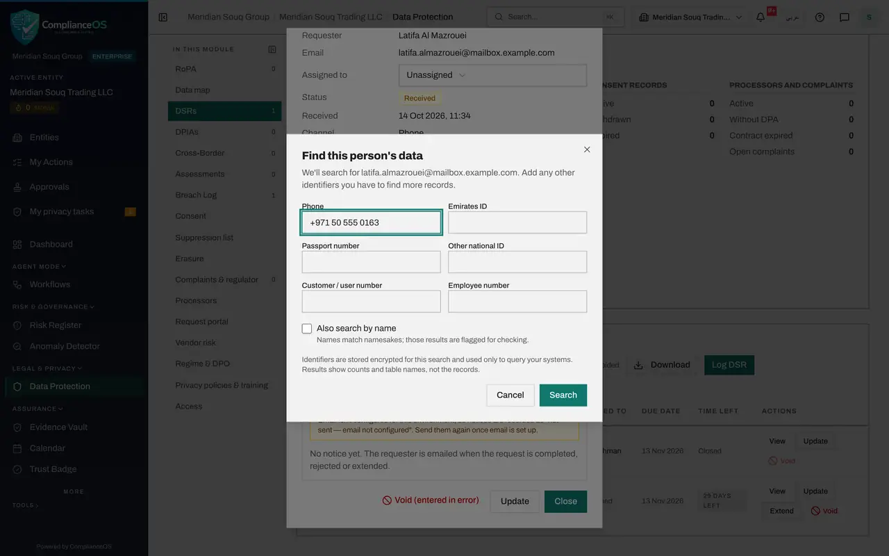 The screen at step 5: Select Search and add the phone number