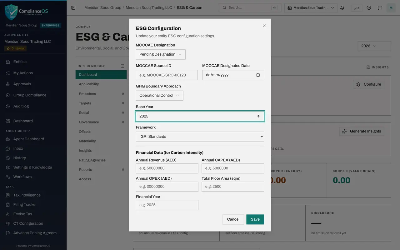 The screen at step 6: Choose the main reporting framework