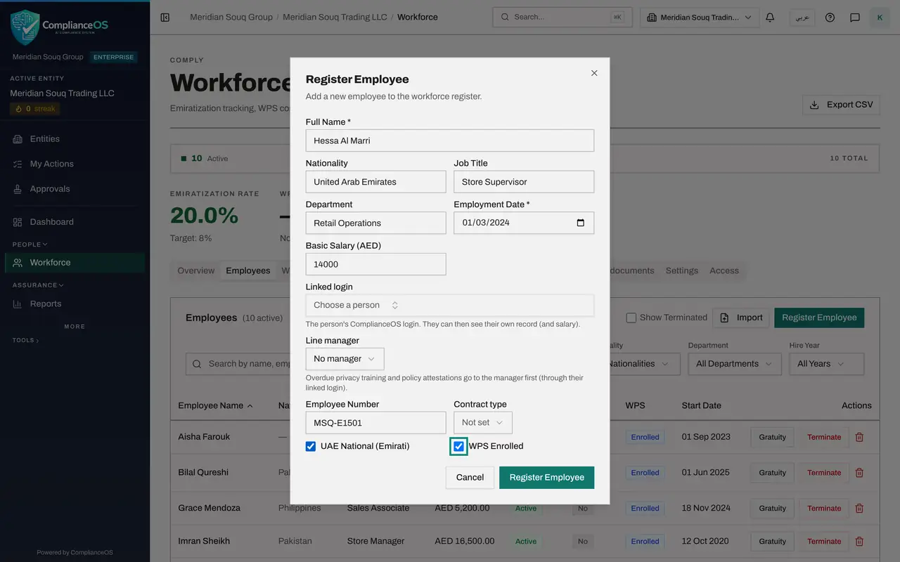 The screen at step 5: Enter the employee number and tick UAE National