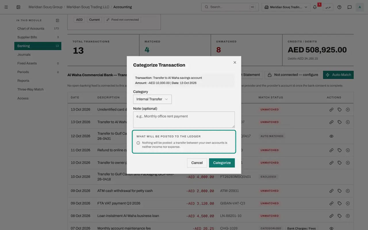 The screen at step 7: Categorise the transfer to savings
