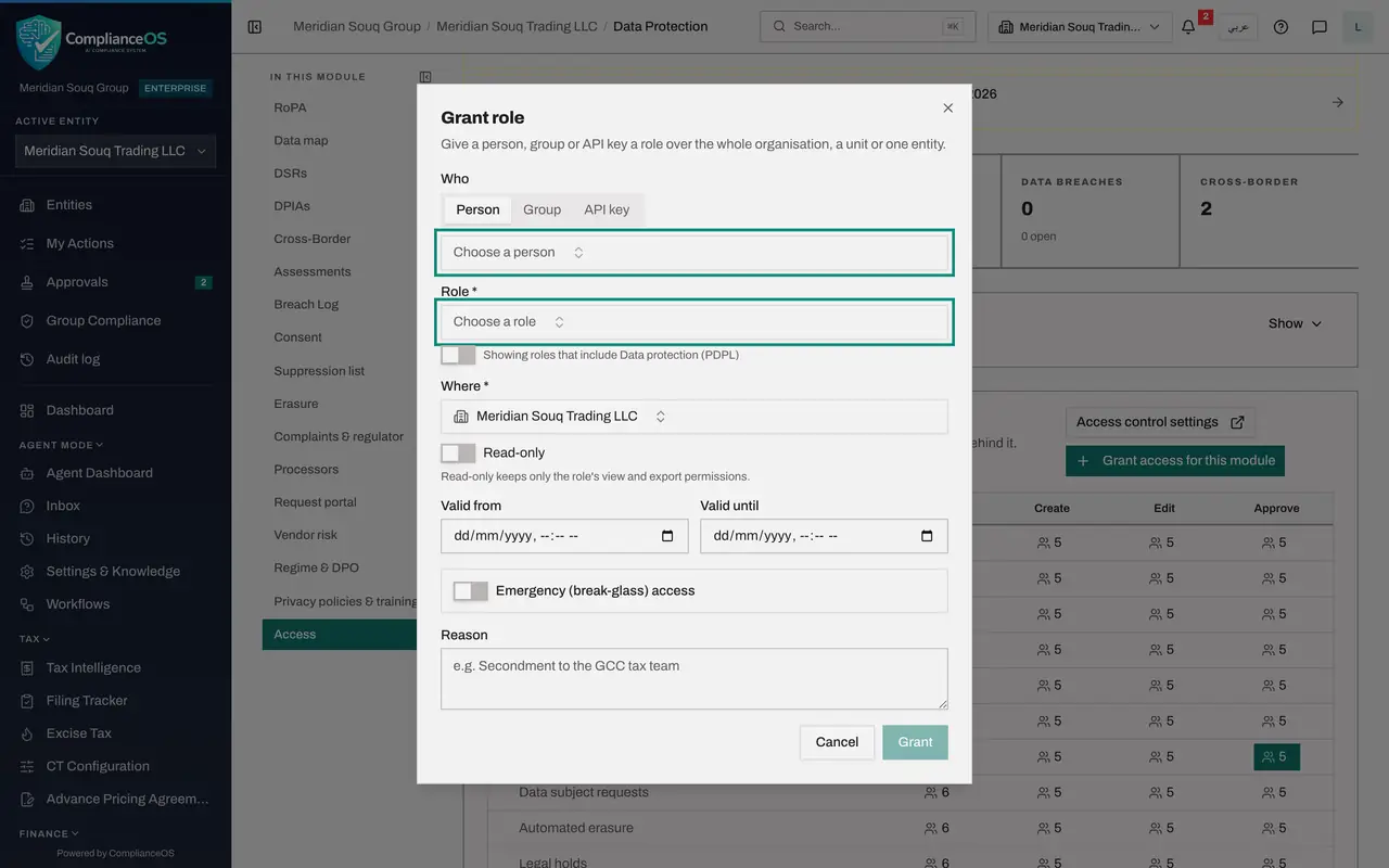 The screen at step 6: Select Grant access for this module