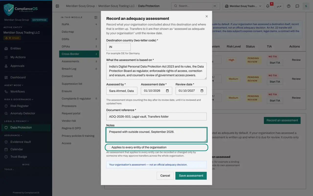 The screen at step 6: Enter the document reference and a note