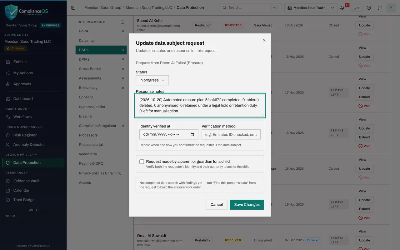 The screen at step 5: Select Update to close the request