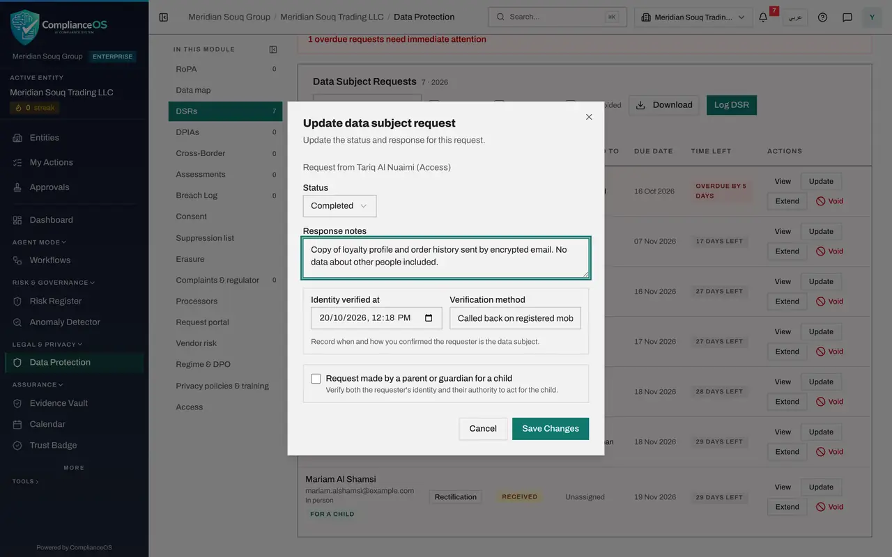 The screen at step 7: Set the status to Completed and write the response notes