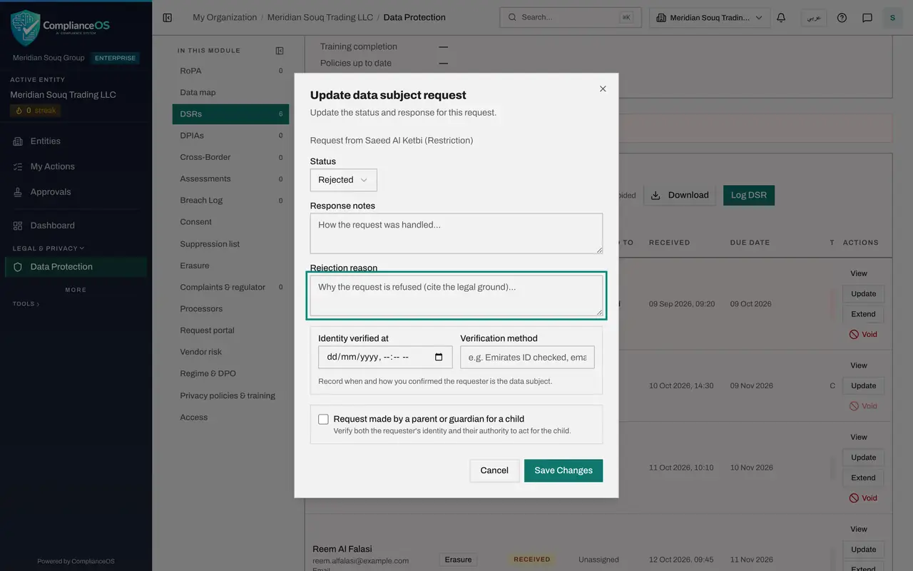 The screen at step 7: Select Update on the request you will refuse