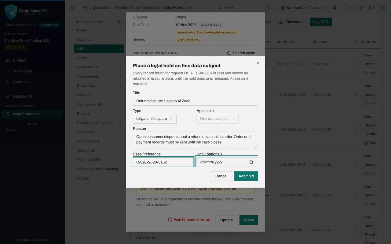 The screen at step 5: Give the reason and the case reference
