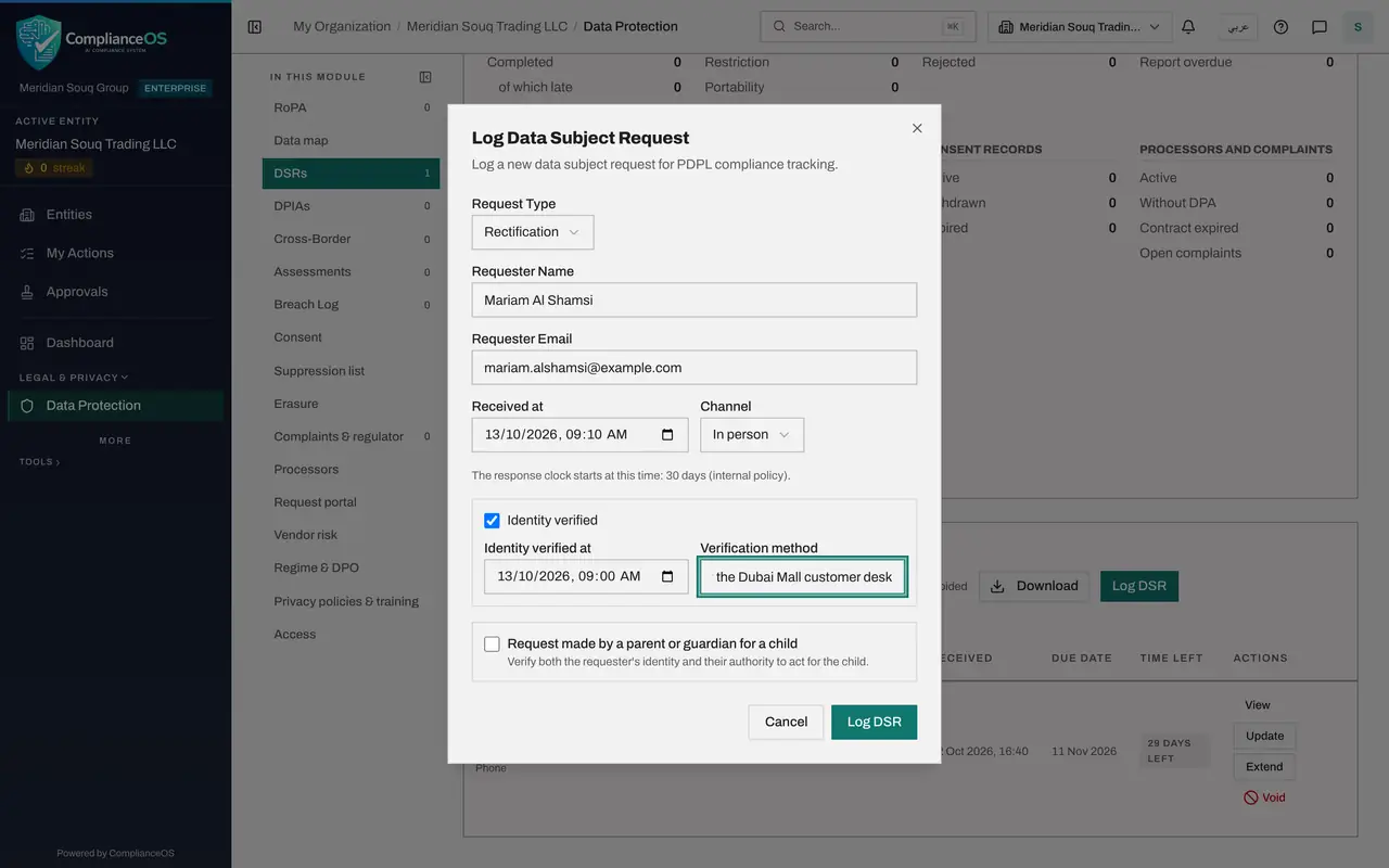 The screen at step 5: Record when and how identity was checked