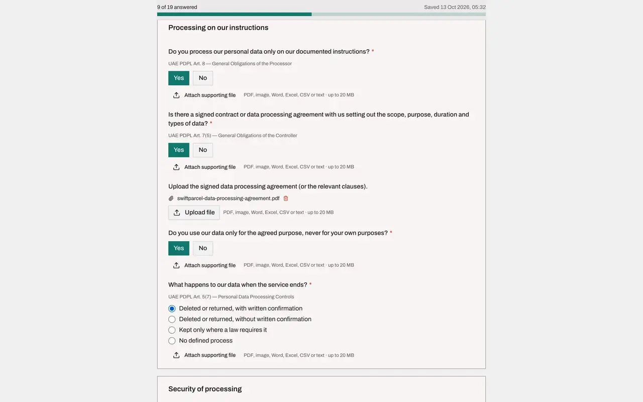 The screen at step 7: Answer how the data is used and what happens at the end