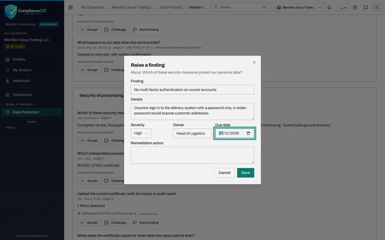 The screen at step 6: Set the severity, the owner and the due date