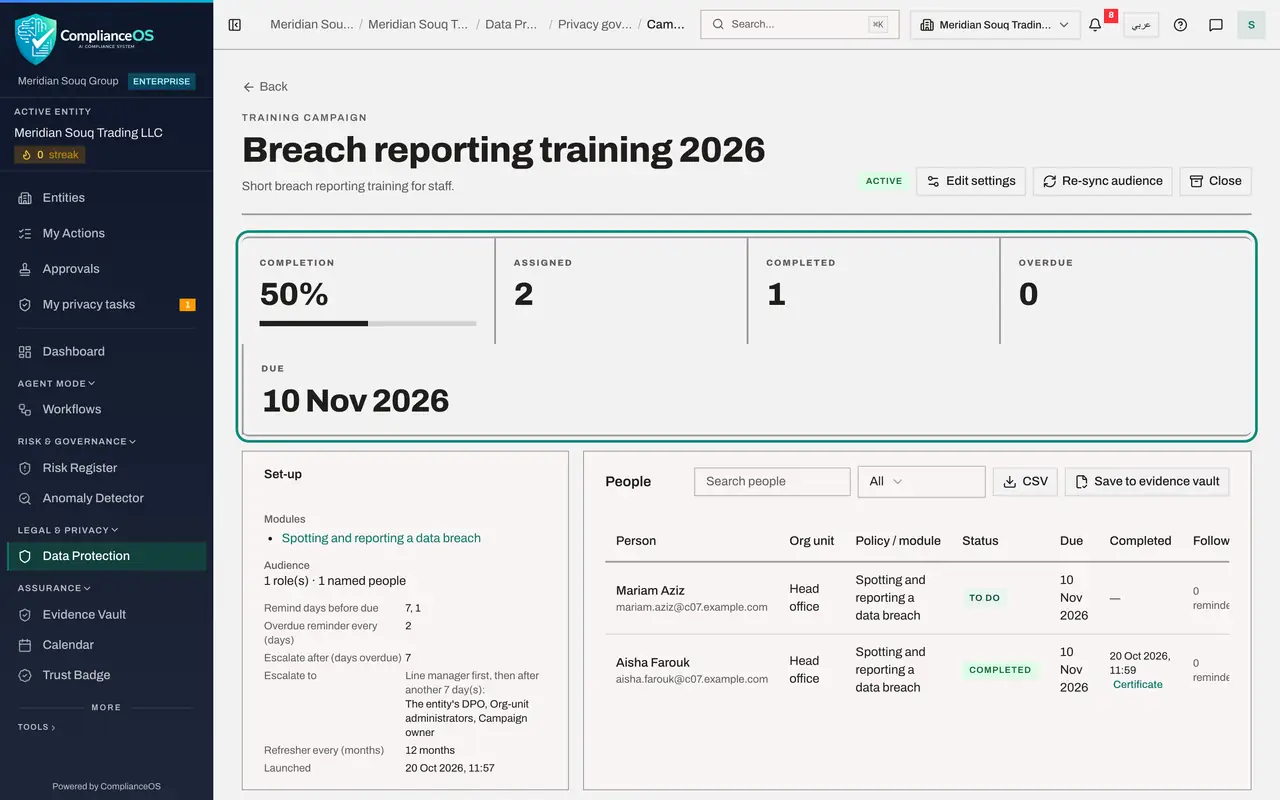 The screen at step 7: Open the training campaign