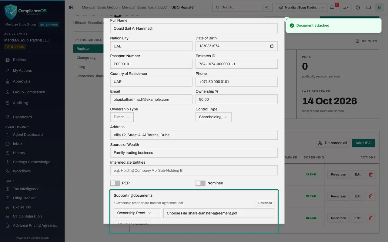 The screen at step 6: Choose the file and select Attach Document