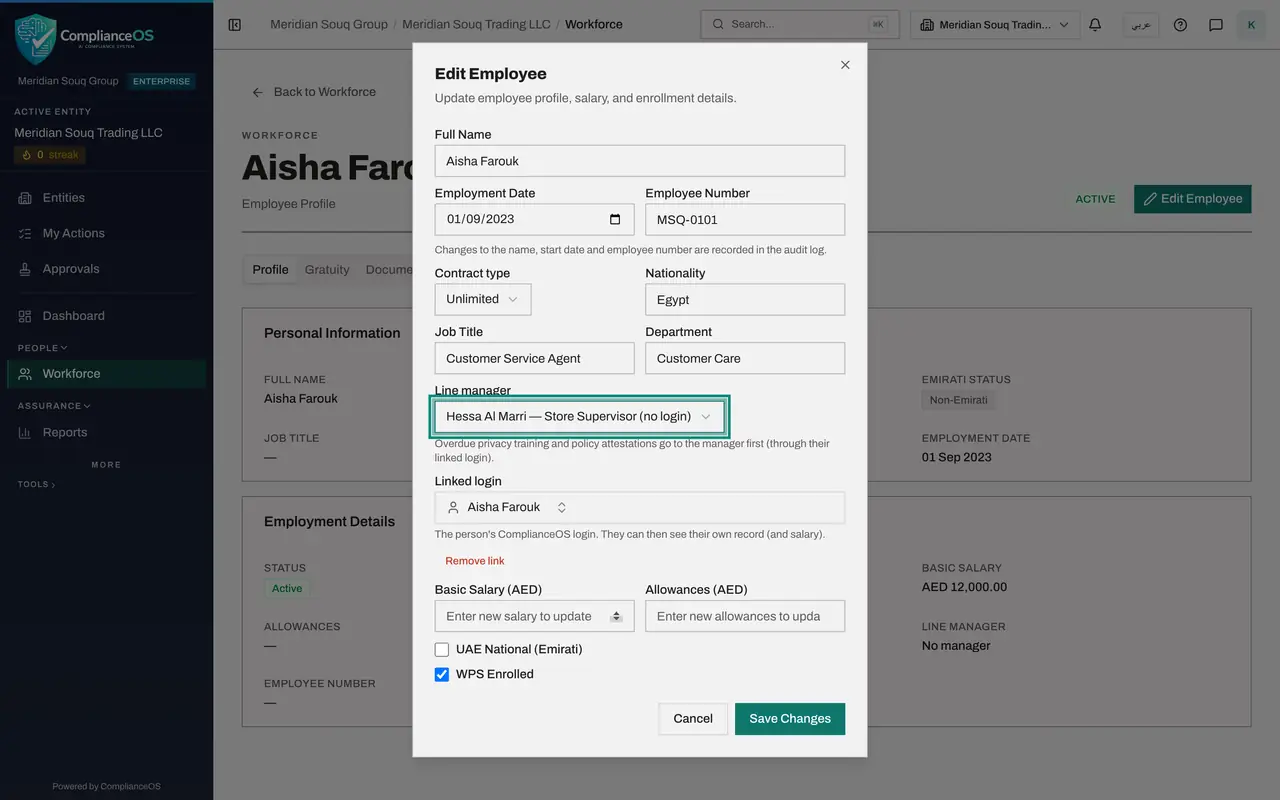 The screen at step 6: Choose the line manager