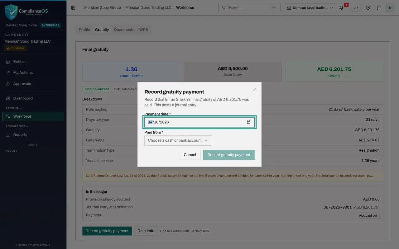 The screen at step 4: Enter the payment date