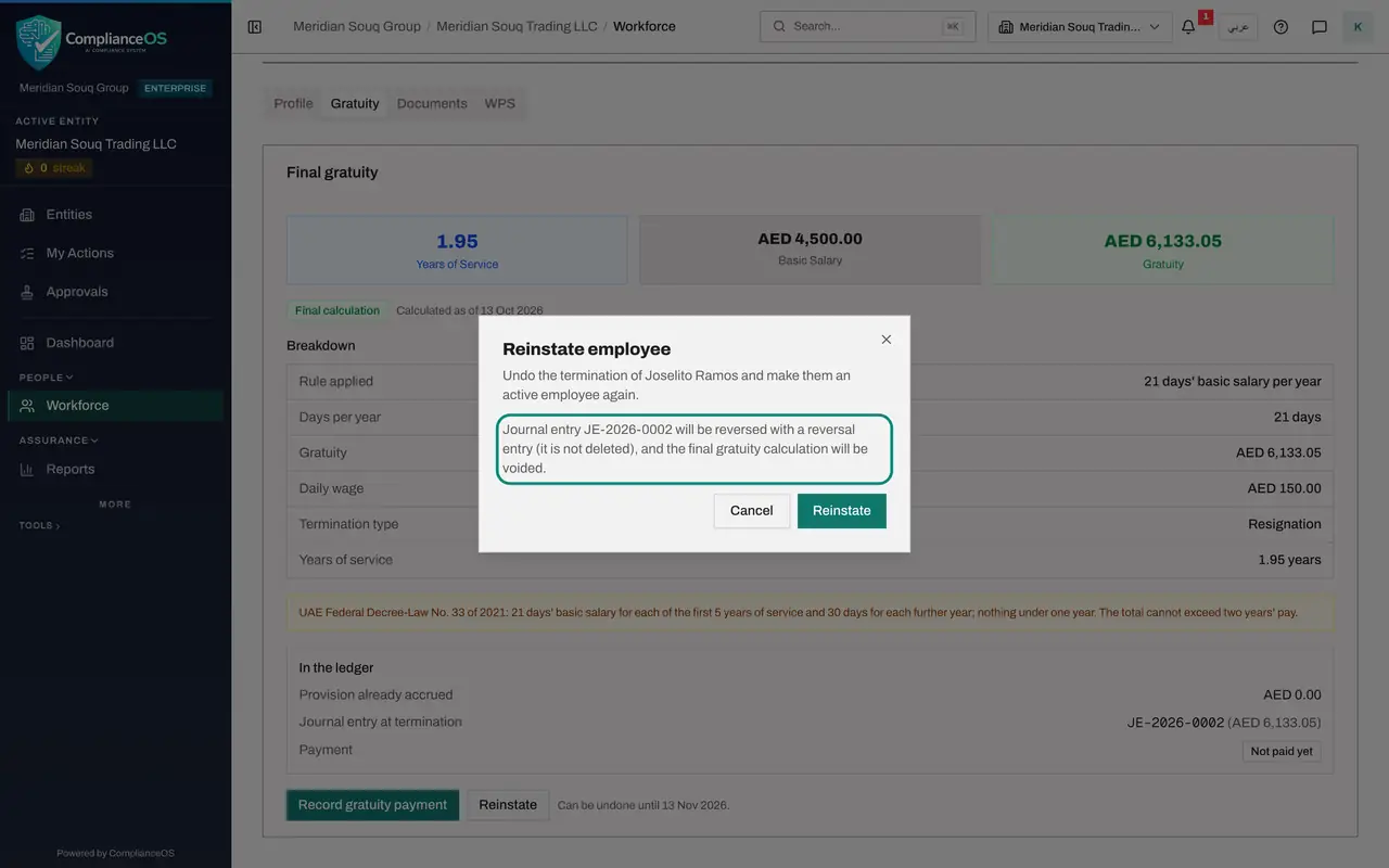 The screen at step 4: Select Reinstate