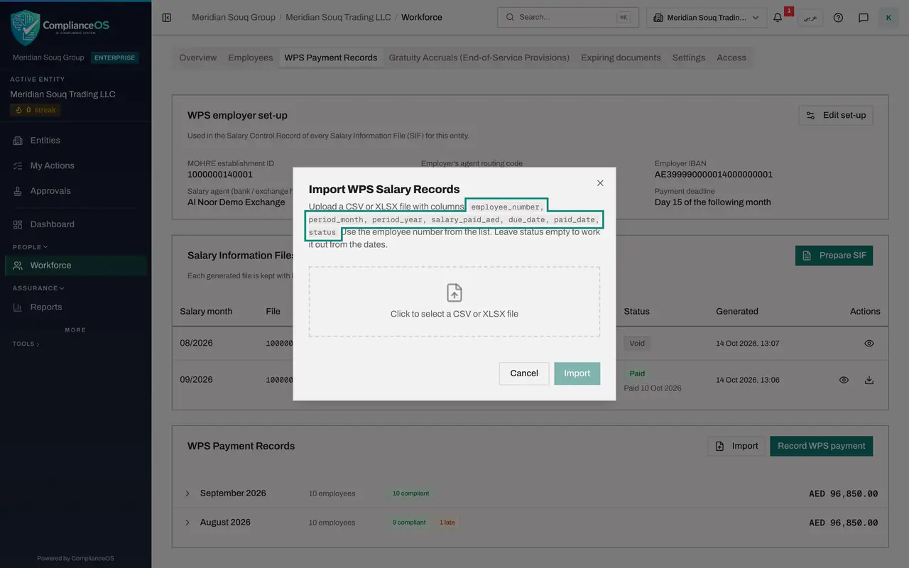 The screen at step 6: Select Import to load a month from a file